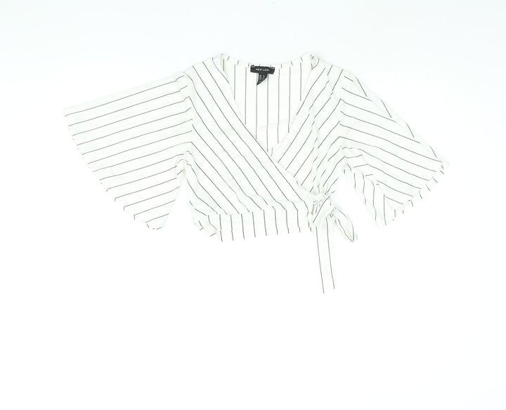 New Look Womens Ivory Striped Polyester Cropped Blouse Size 8 V-Neck