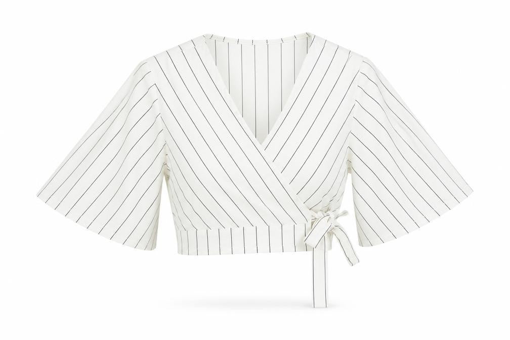 Front view of New Look women’s ivory striped polyester cropped blouse, size UK 8, v-neck
