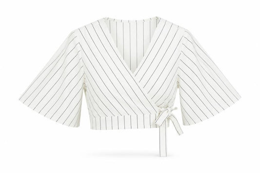 Front view of New Look women’s ivory striped polyester cropped blouse, size UK 8, v-neck