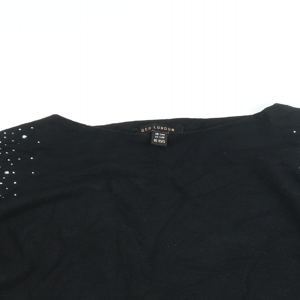 QED London Womens Black Boat Neck Viscose Pullover Jumper Size S - Rhinestone Detail