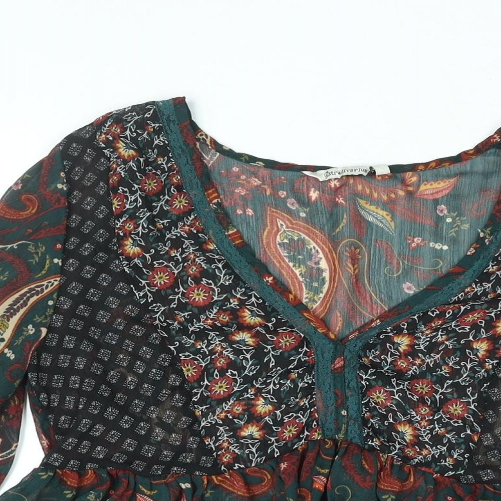 Stradivarius Womens Multicoloured Geometric Polyester Basic Blouse Size M V-Neck - Peplum