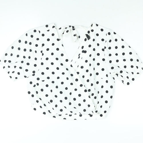 Divided by H&M Womens White Polka Dot Polyester Cropped Blouse Size 14 V-Neck
