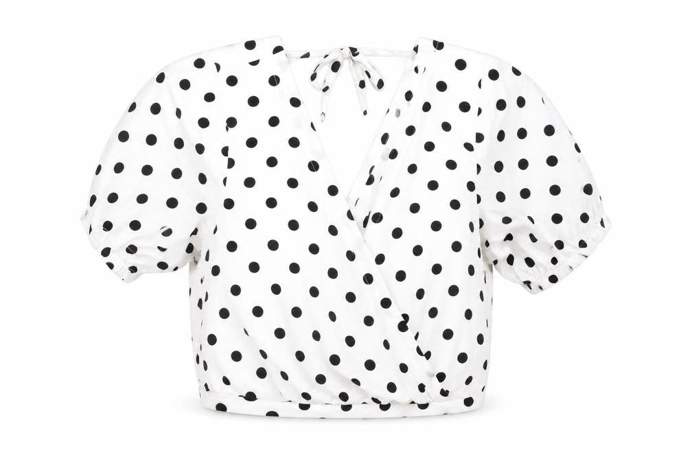 Front view of Divided by H&M women’s white polka dot polyester cropped blouse, size UK 14, v-neck