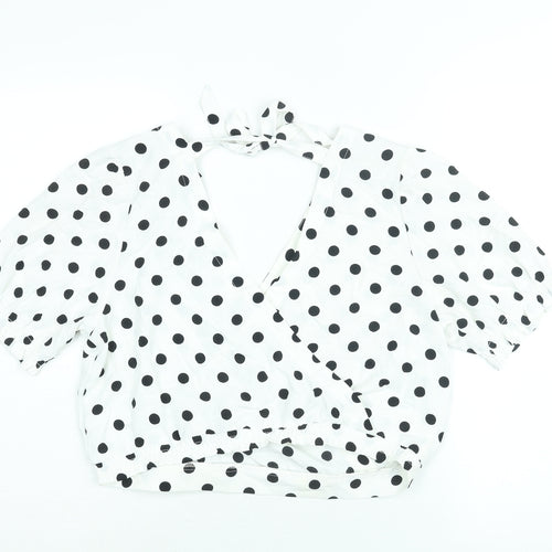 Divided by H&M Womens White Polka Dot Polyester Cropped Blouse Size 14 V-Neck
