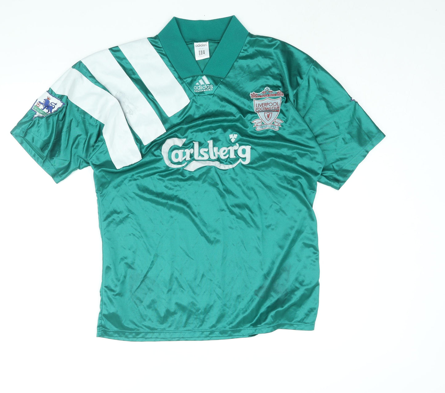 adidas Mens Green Polyester Basic T-Shirt Size XL V-Neck Pullover - Liverpool FC 100 Years 1892-1992 Calsburg