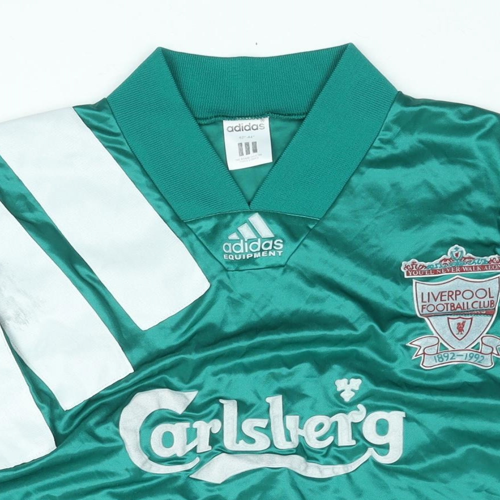 adidas Mens Green Polyester Basic T-Shirt Size XL V-Neck Pullover - Liverpool FC 100 Years 1892-1992 Calsburg