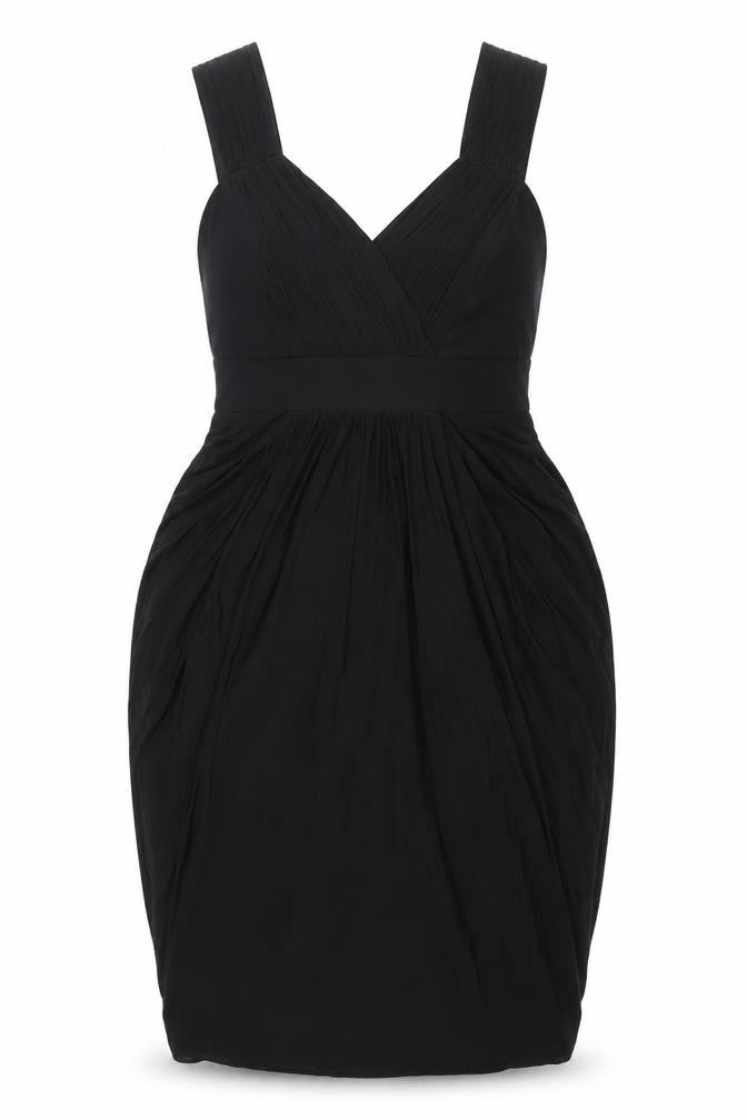 Front view of Coast women’s black acetate shift, size UK 12, v-neck zip - rouched