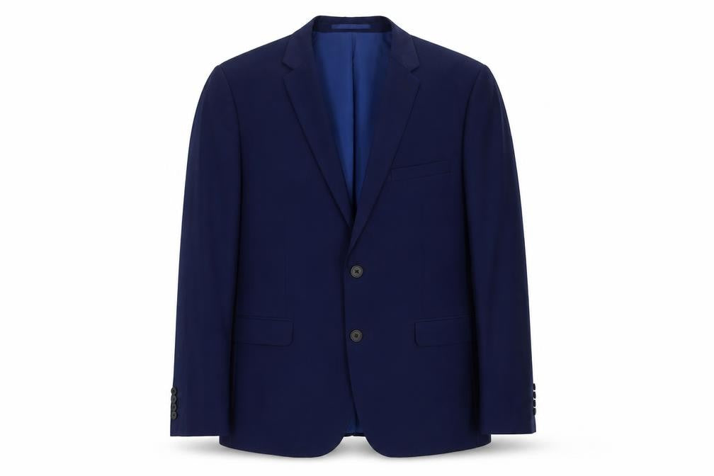 Front view of Burton men’s blue polyester jacket suit jacket, size 44, regular