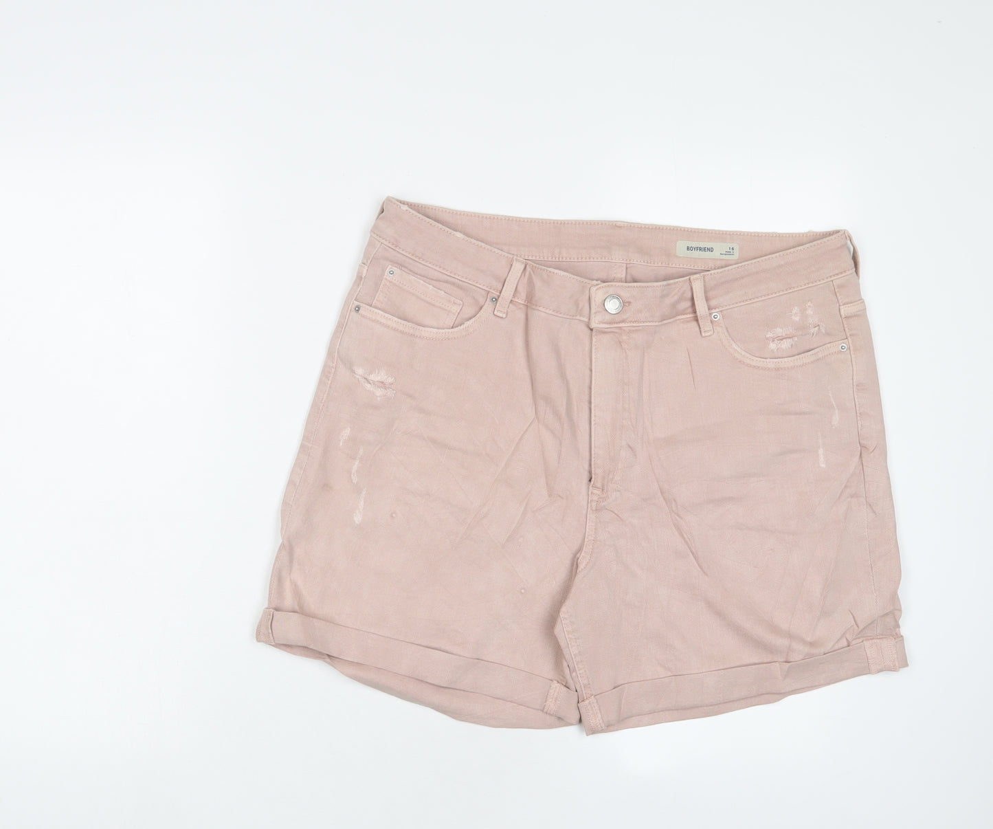 Marks and Spencer Womens Pink Cotton Boyfriend Shorts Size 16 L6 in Regular Zip