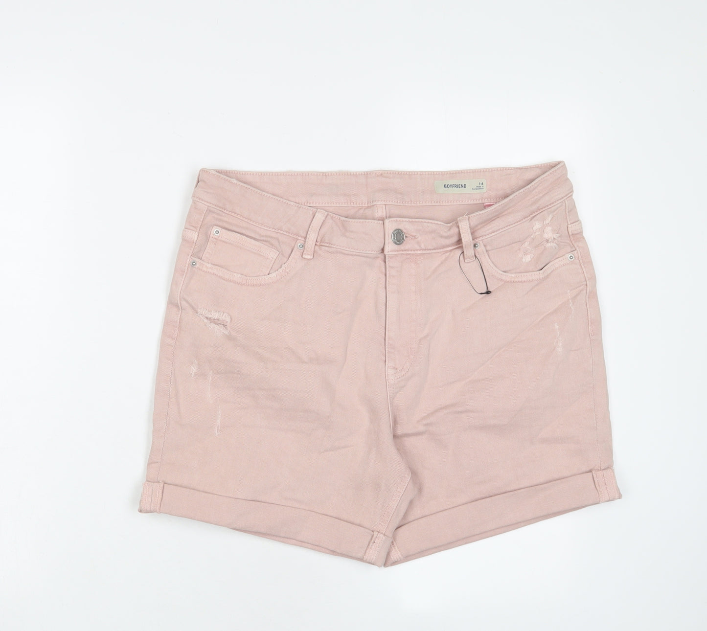 Marks and Spencer Womens Pink Cotton Boyfriend Shorts Size 14 L5 in Regular Zip
