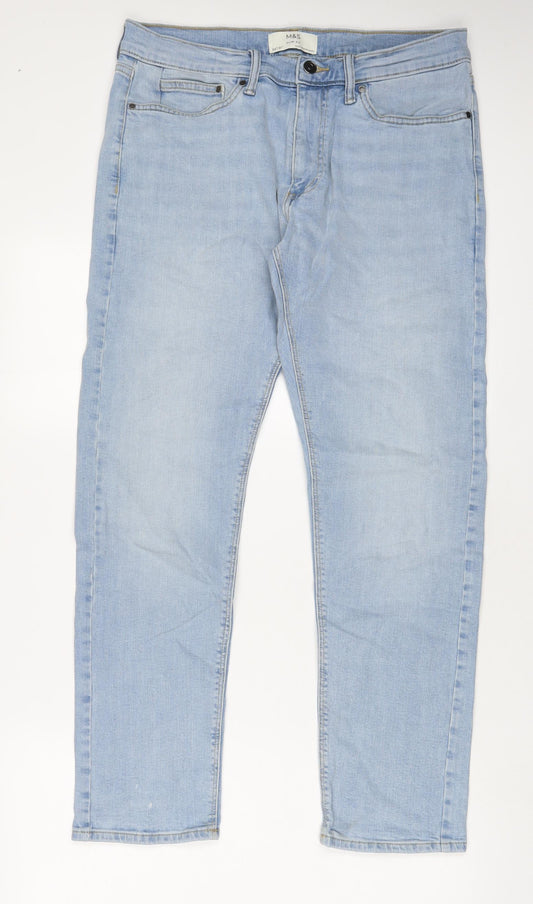 Marks and Spencer Mens Blue Cotton Straight Jeans Size 32 in L31 in Slim Zip