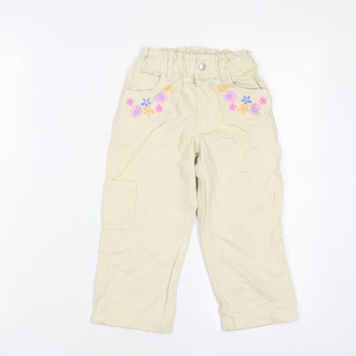 Marks and Spencer Girls Beige Floral Cotton Straight Jeans Size 2-3 Years L20 in Regular Zip - Embroidered