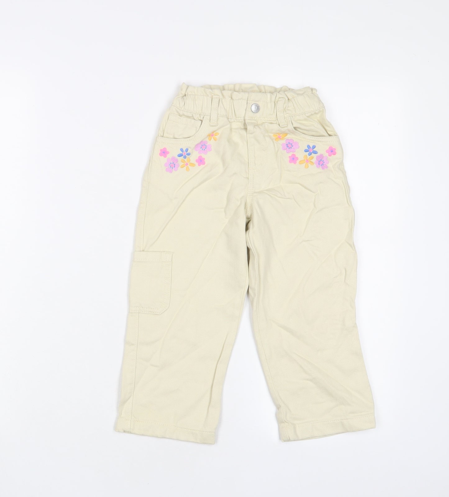 Marks and Spencer Girls Beige Floral Cotton Straight Jeans Size 2-3 Years L20 in Regular Zip - Embroidered