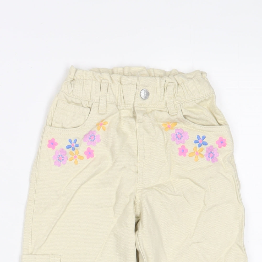 Marks and Spencer Girls Beige Floral Cotton Straight Jeans Size 2-3 Years L20 in Regular Zip - Embroidered