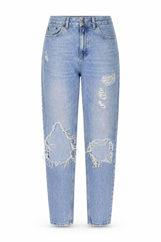 Front view of Topshop women’s blue cotton mom jeans, size UK 26, in, 32-inch leg regular zip