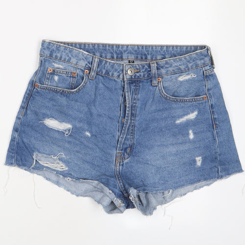 H&M Womens Blue Cotton Basic Shorts Size 30 in Regular Button - Distressed