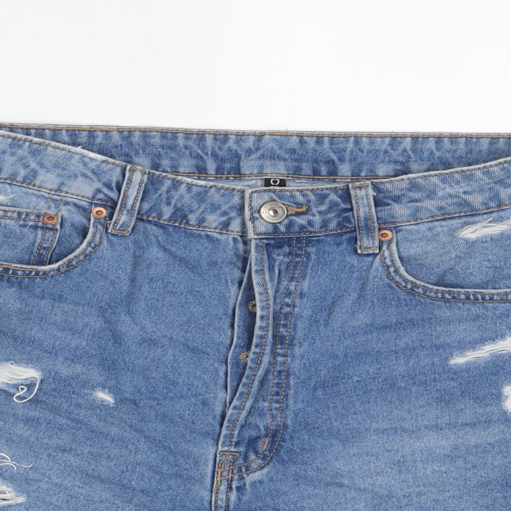 H&M Womens Blue Cotton Basic Shorts Size 30 in Regular Button - Distressed