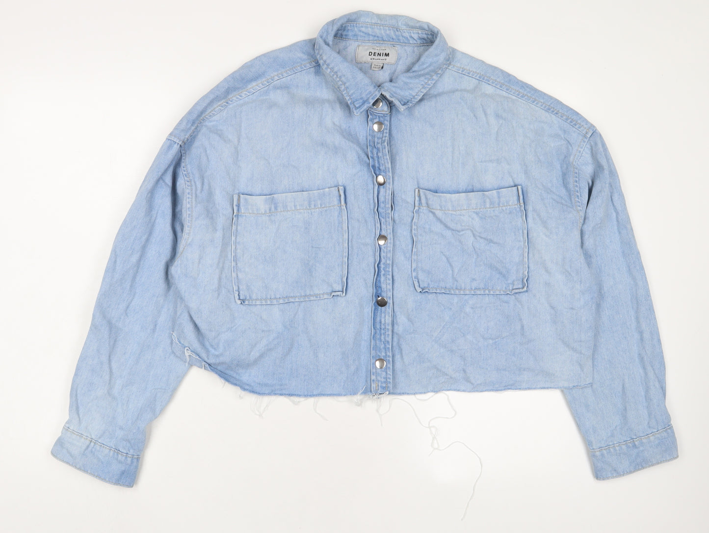 New Look Womens Blue Cotton Cropped Button-Up Size 16 Collared