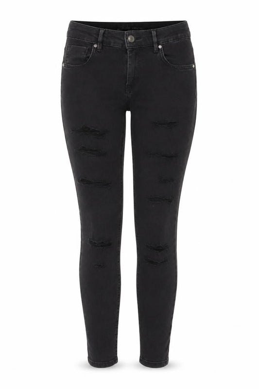 Front view of Bershka women’s black cotton skinny jeans, size UK 8, 28-inch leg regular zip