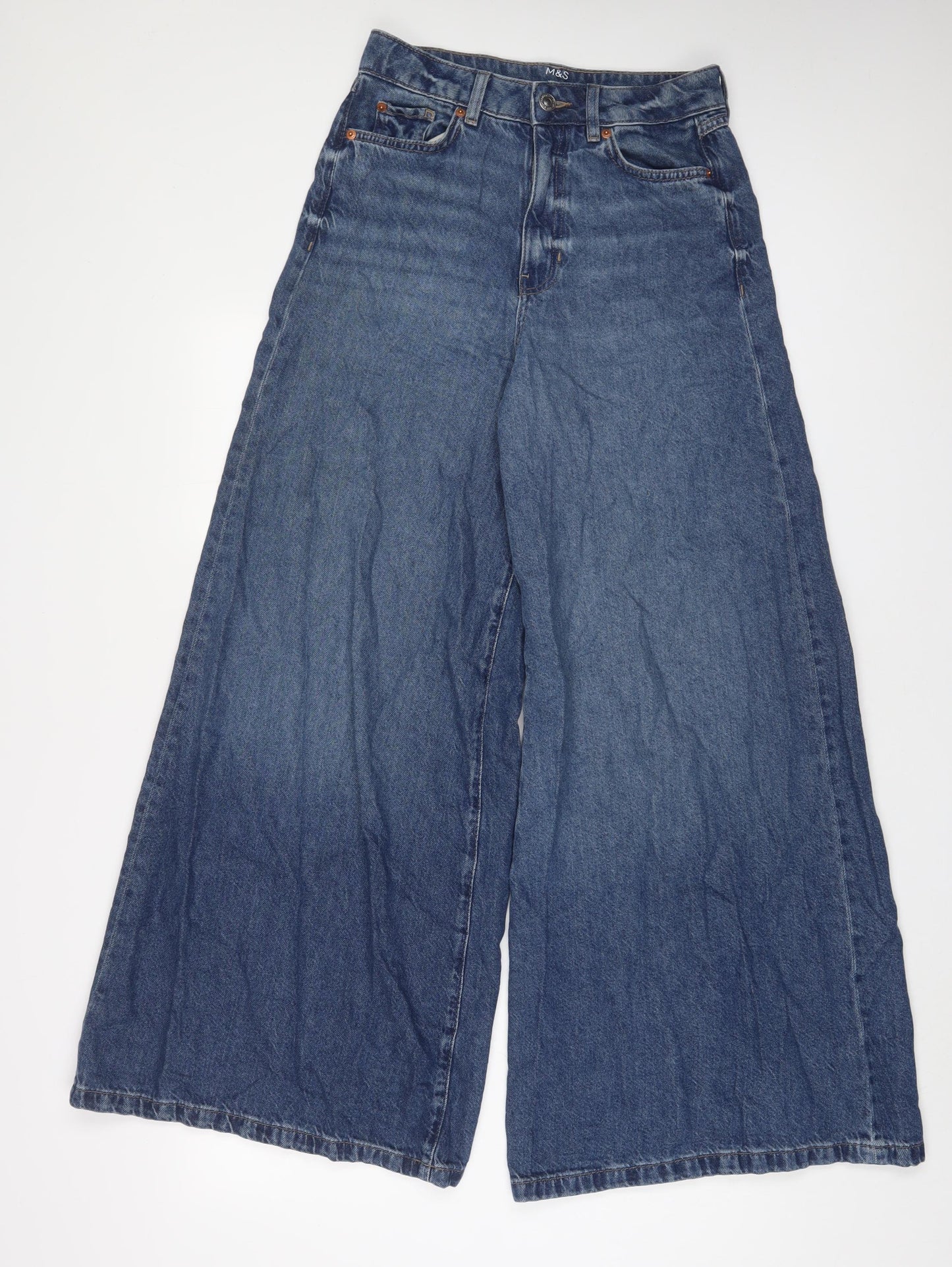 Marks and Spencer Womens Blue Cotton Wide-Leg Jeans Size 8 L31 in Regular Zip