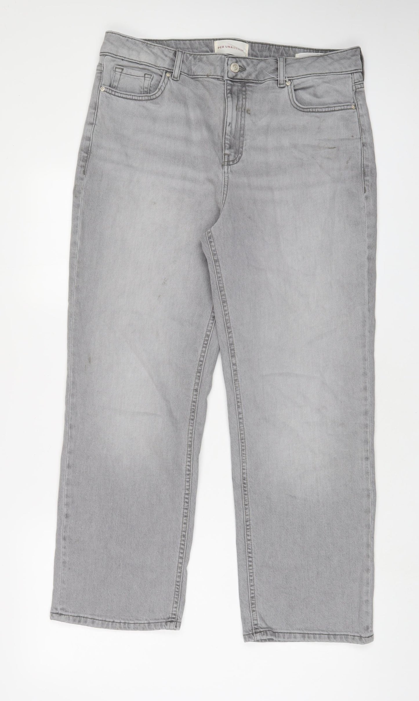 Per Una Womens Grey Cotton Straight Jeans Size 14 L28 in Regular Zip