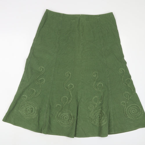 Marks and Spencer Womens Green Cotton A-Line Skirt Size 12 Zip - Embroidered
