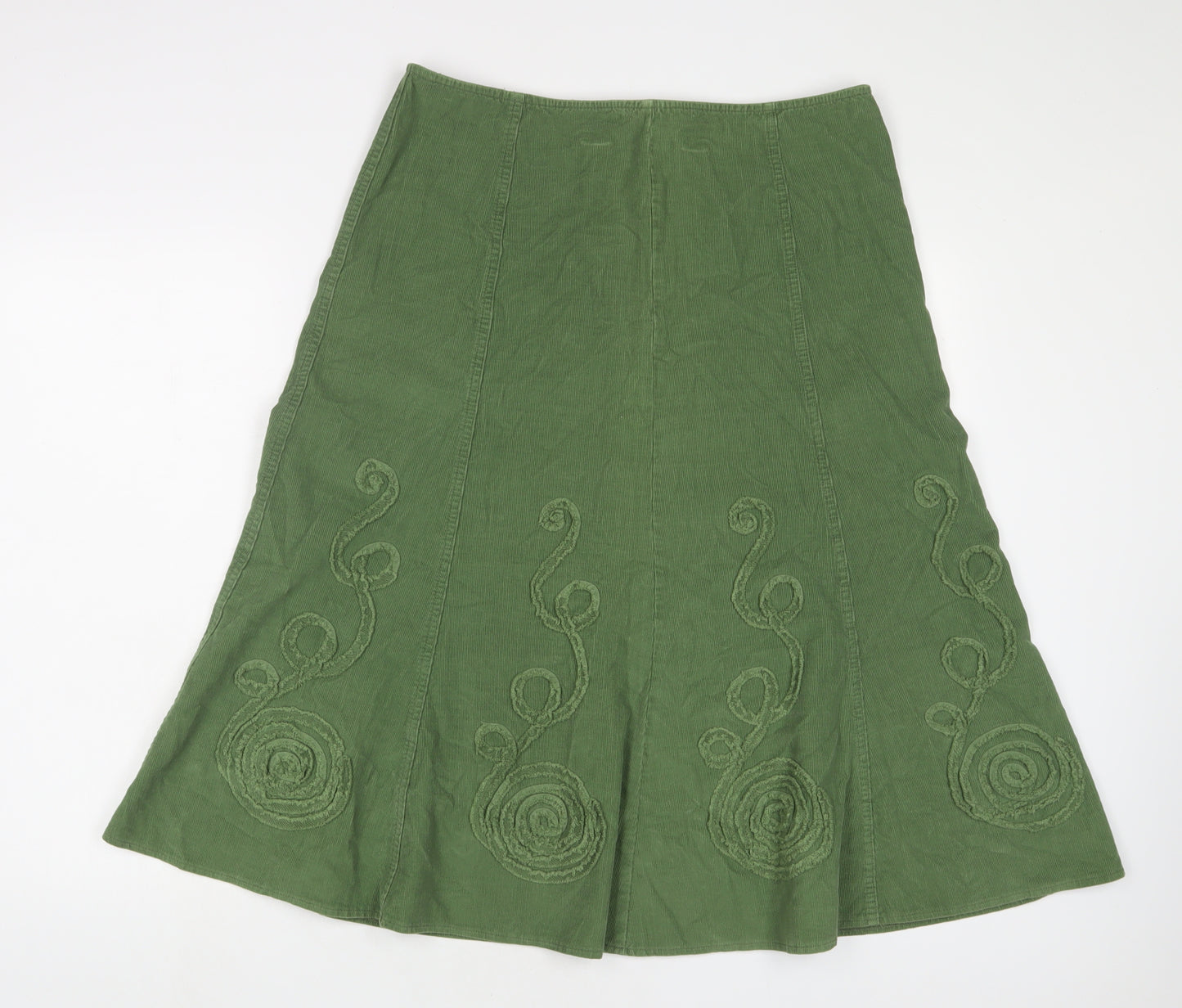 Marks and Spencer Womens Green Cotton A-Line Skirt Size 12 Zip - Embroidered