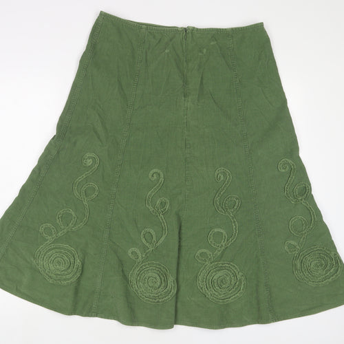 Marks and Spencer Womens Green Cotton A-Line Skirt Size 12 Zip - Embroidered
