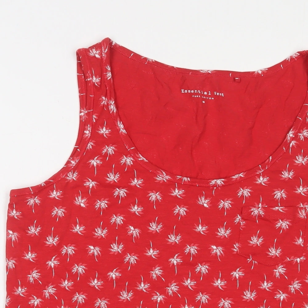Debenhams Womens Red Floral Cotton Basic Tank Size 16 Scoop Neck