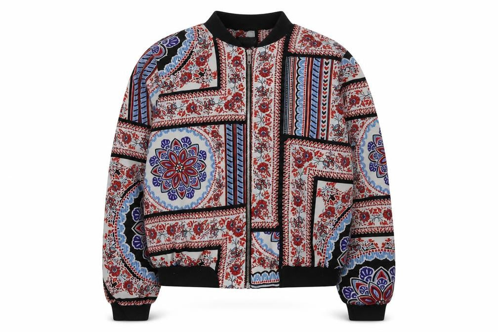 Front view of Topshop women’s multicoloured fair isle jacket, size UK 10, zip