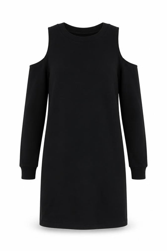 Front view of ASOS women’s black cotton a-line, size UK 8, crew neck - cold shoulder