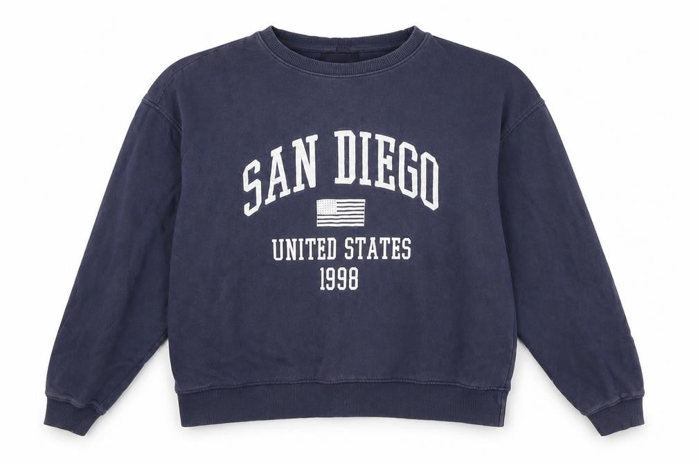Front view of New Look women’s blue cotton pullover sweatshirt, size S, - san diego
