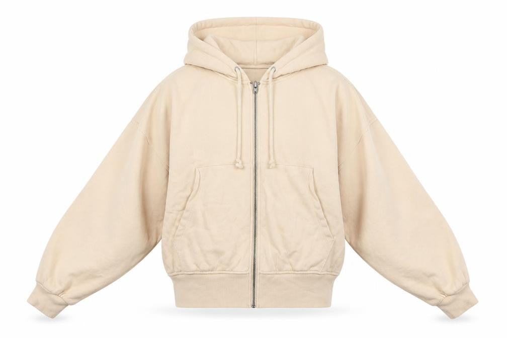 Front view of ASOS women’s beige polyester full zip hoodie, size UK 10, zip