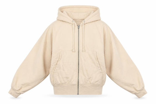 Front view of ASOS women’s beige polyester full zip hoodie, size UK 10, zip