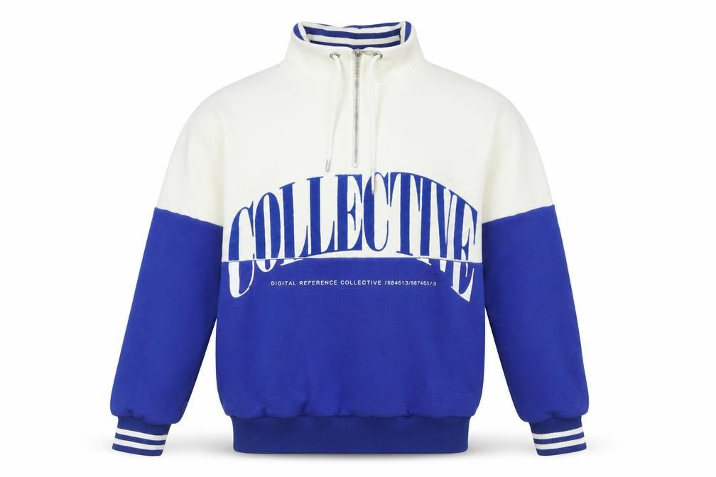 Front view of River Island men’s blue cotton pullover sweatshirt, size S, - 1/4 zip