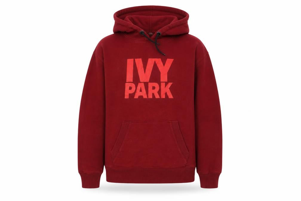 Front view of IVY PARK men’s red cotton pullover hoodie, size S