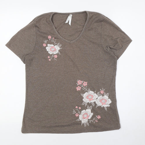 BM Womens Beige Polyester Basic T-Shirt Size M V-Neck - Floral Embroidery
