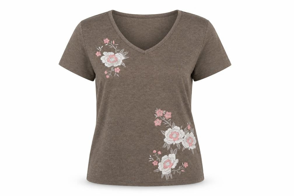 Front view of Bonmarché women’s beige polyester basic t-shirt, size M, v-neck - floral embroidery