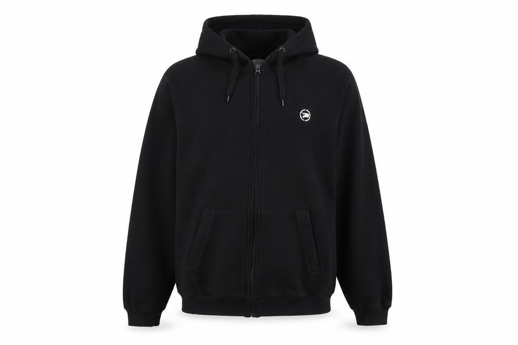 Front view of Patrick women’s black cotton full zip hoodie, size M, zip