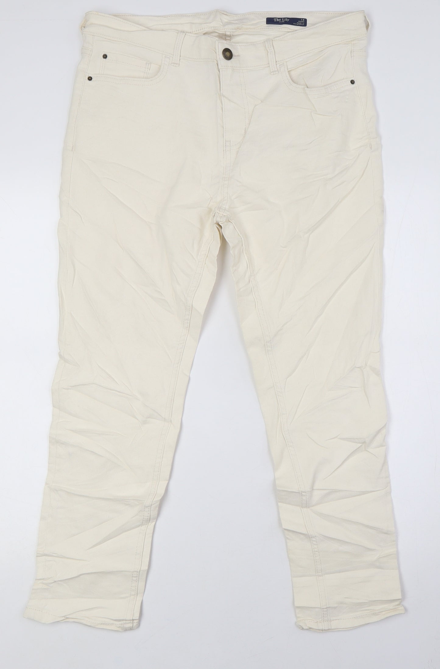 Marks and Spencer Womens Ivory Cotton Straight Jeans Size 14 L27 in Regular Zip