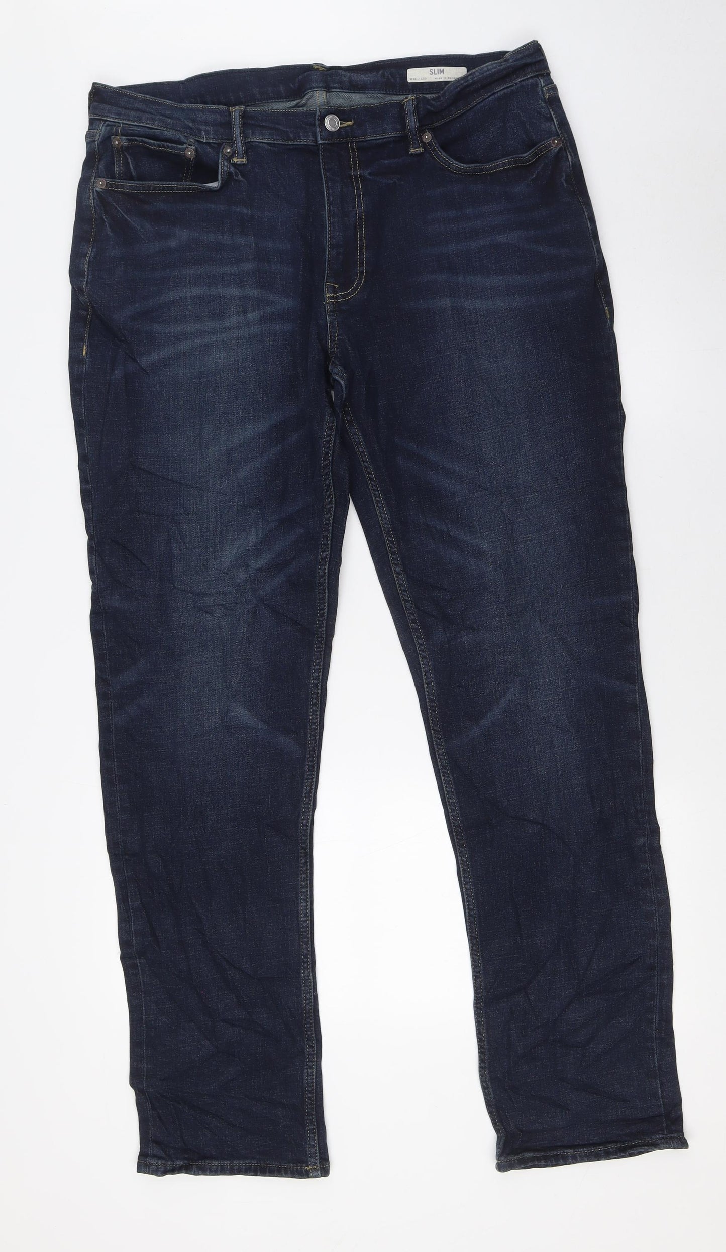 Marks and Spencer Mens Blue Cotton Straight Jeans Size 36 in L33 in Slim Zip