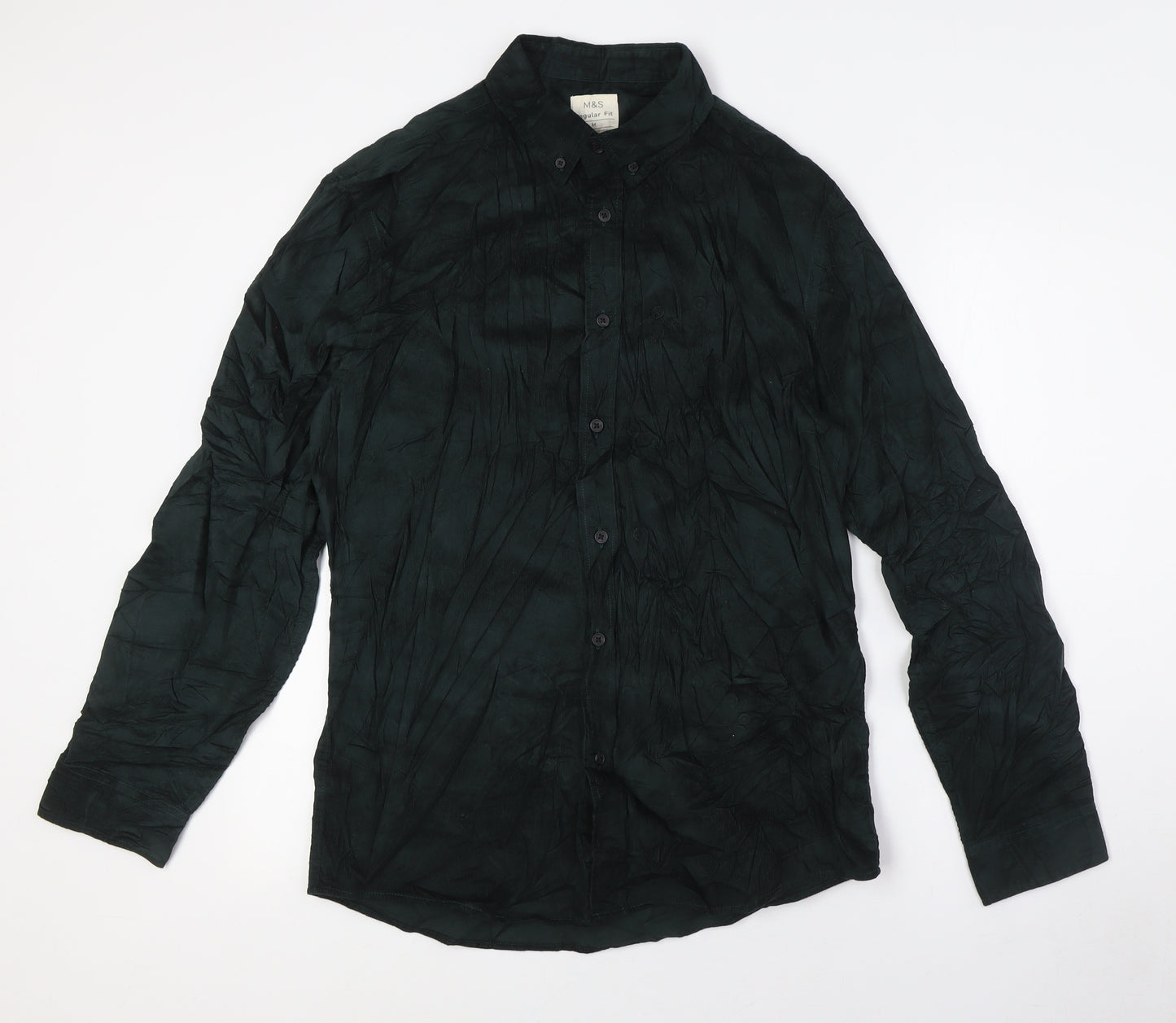 Marks and Spencer Mens Green Cotton Button-Up Size M Collared Button