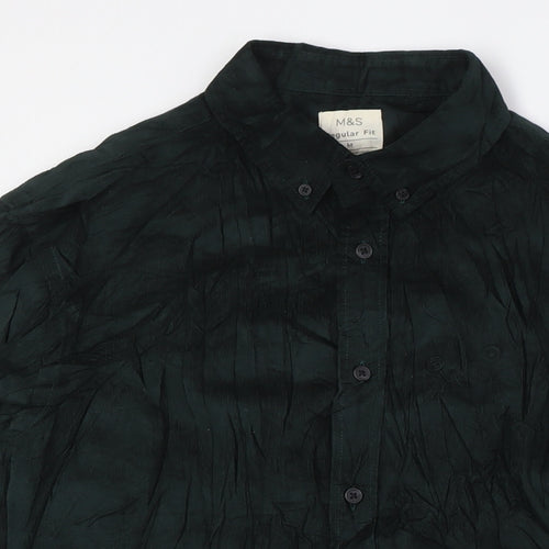 Marks and Spencer Mens Green Cotton Button-Up Size M Collared Button