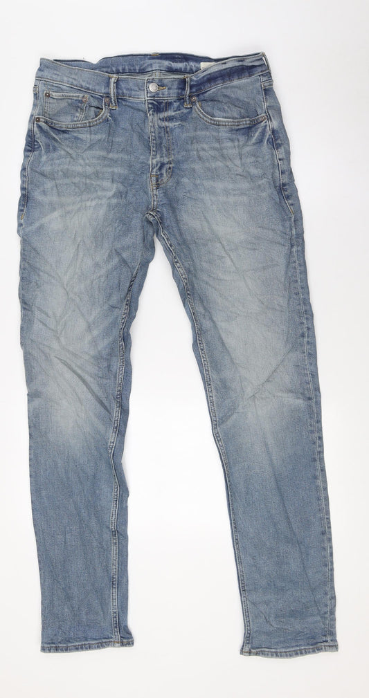 Marks and Spencer Mens Blue Cotton Straight Jeans Size 32 in L33 in Slim Zip