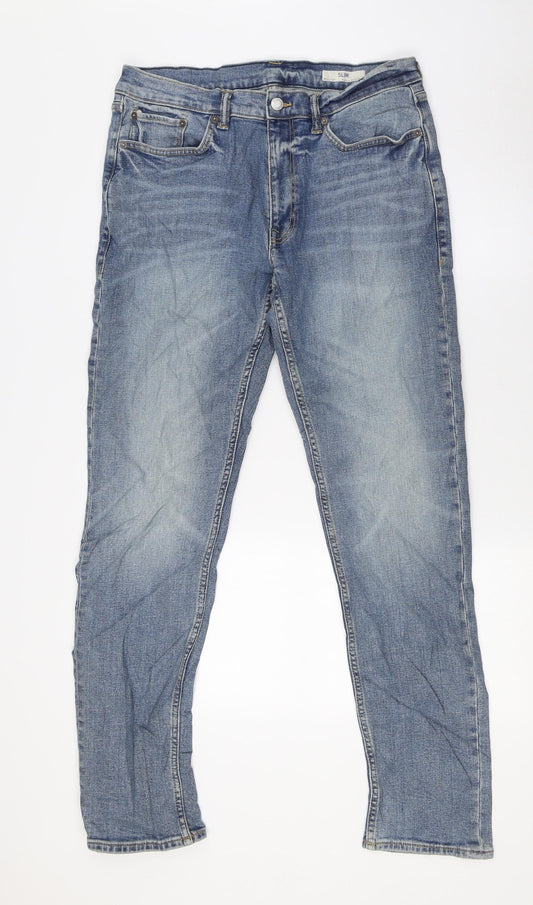 Marks and Spencer Mens Blue Cotton Straight Jeans Size 32 in L31 in Slim Zip