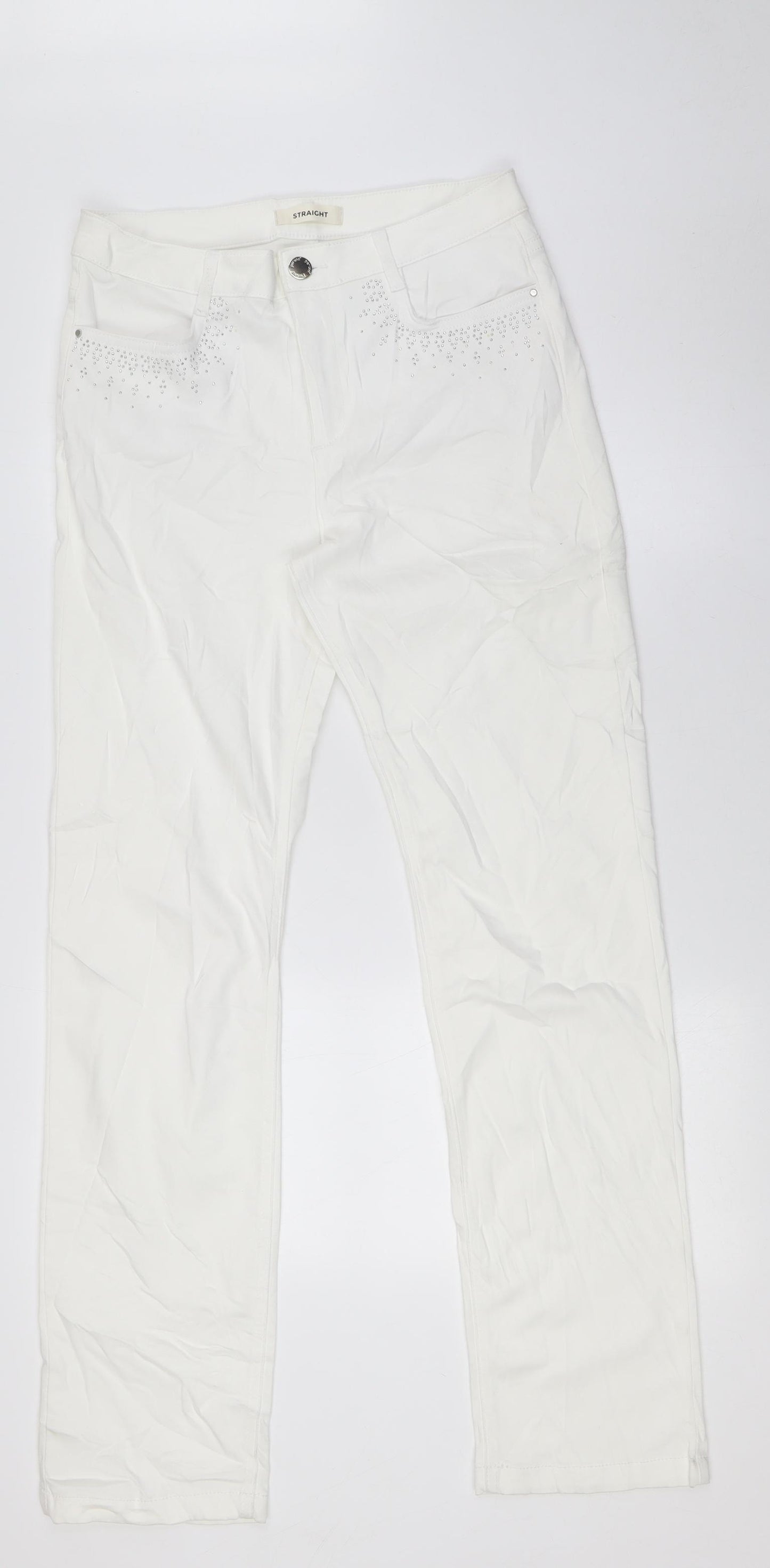 Marks and Spencer Womens White Cotton Skinny Jeans Size 12 L31 in Regular Zip - Embellished Back Pockets