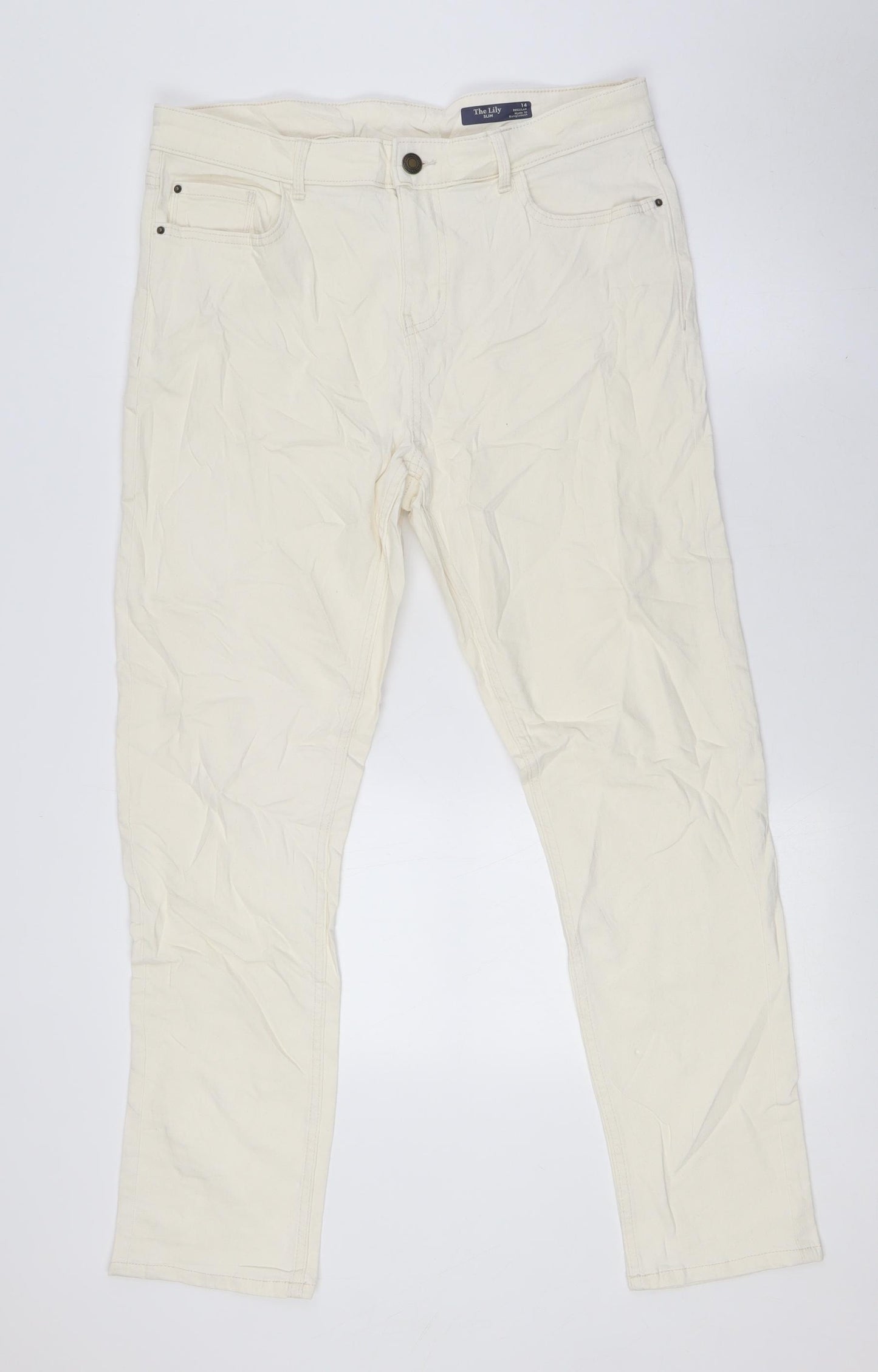 Marks and Spencer Womens Ivory Cotton Straight Jeans Size 14 L29 in Slim Zip
