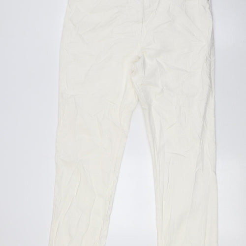 Marks and Spencer Womens White Cotton Trousers Size 14 L31 in Regular Zip