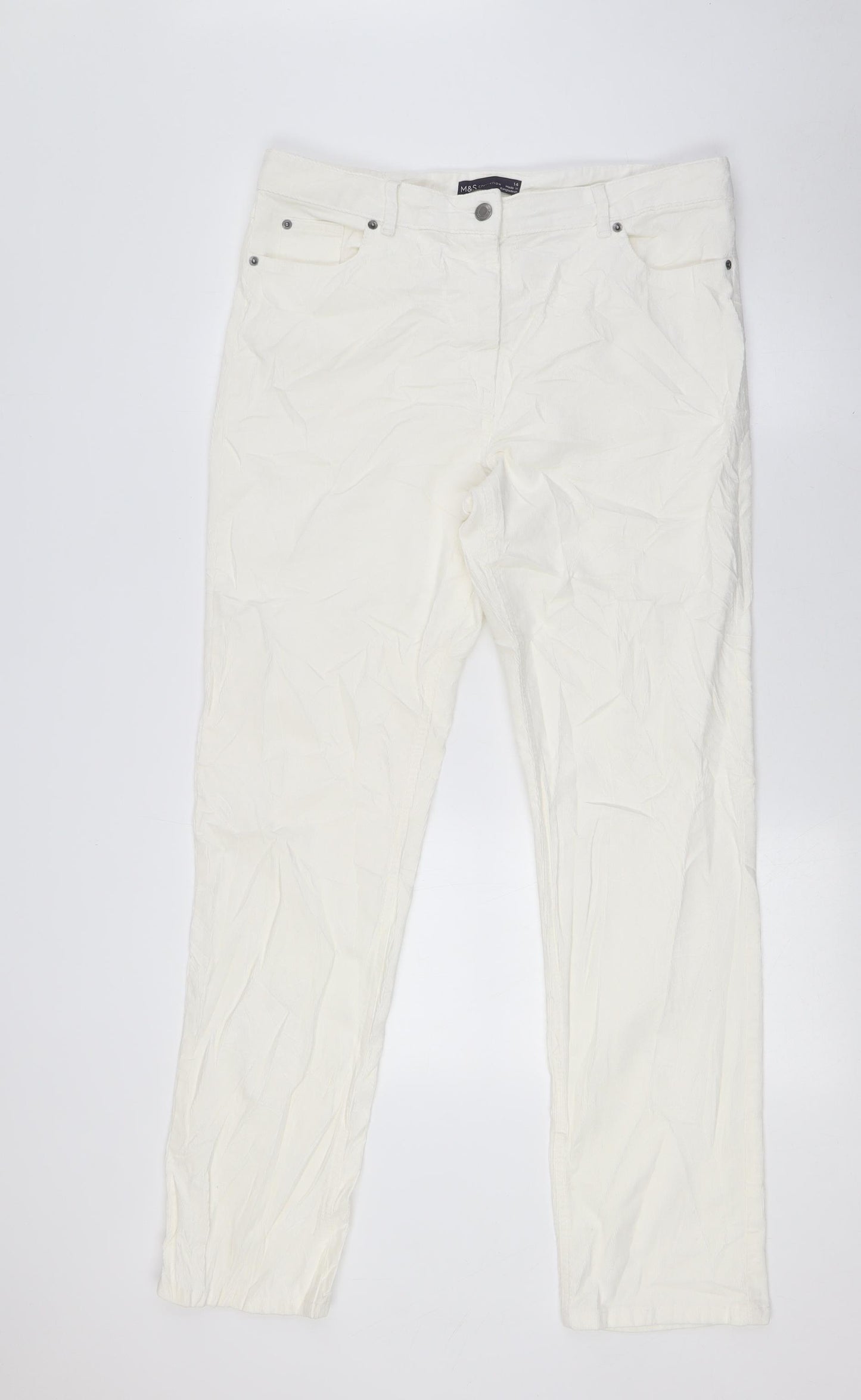 Marks and Spencer Womens White Cotton Trousers Size 14 L31 in Regular Zip