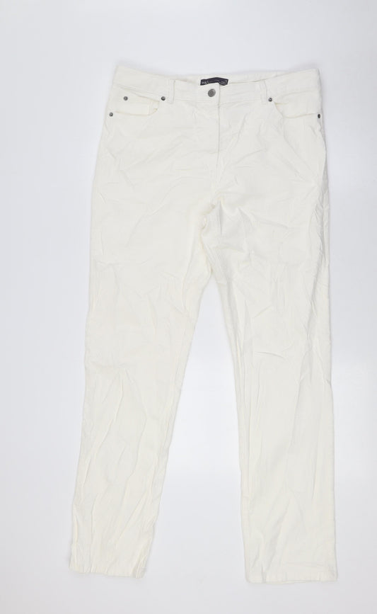 Marks and Spencer Womens White Cotton Trousers Size 14 L31 in Regular Zip